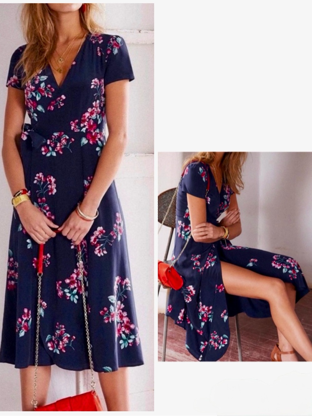 SEZANE 100% Silk Navy Blue Floral Wrap Midi Dress